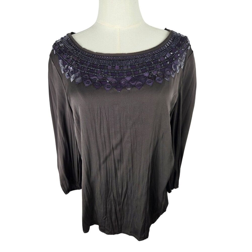 Elie Tahari‎ Lisette Blouse Medium Silk Beaded Neckline Elegant Brown Art Deco